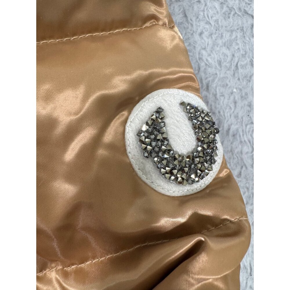 Quilted Gold Puff Jacket W/Hood Womens L True Religion Down & Feather Fill - Picture 10 of 16
